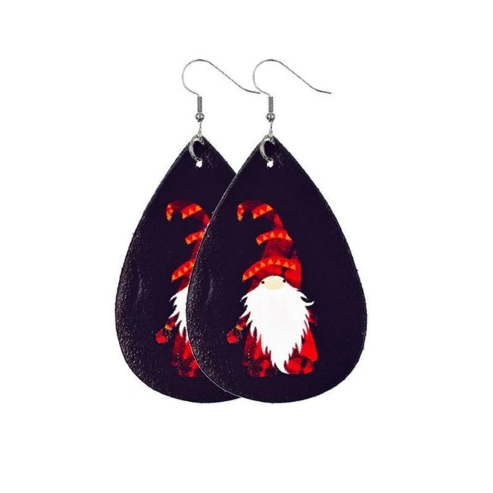Gnome with Plaid Pajamas Christmas Vegan Leather Teardrop‎ Earrings